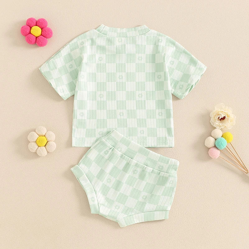 Baby Toddler Girls 2Pcs Summer Set Short Sleeve Checkerboard Flower Print Top Shorts Bloomers Outfit