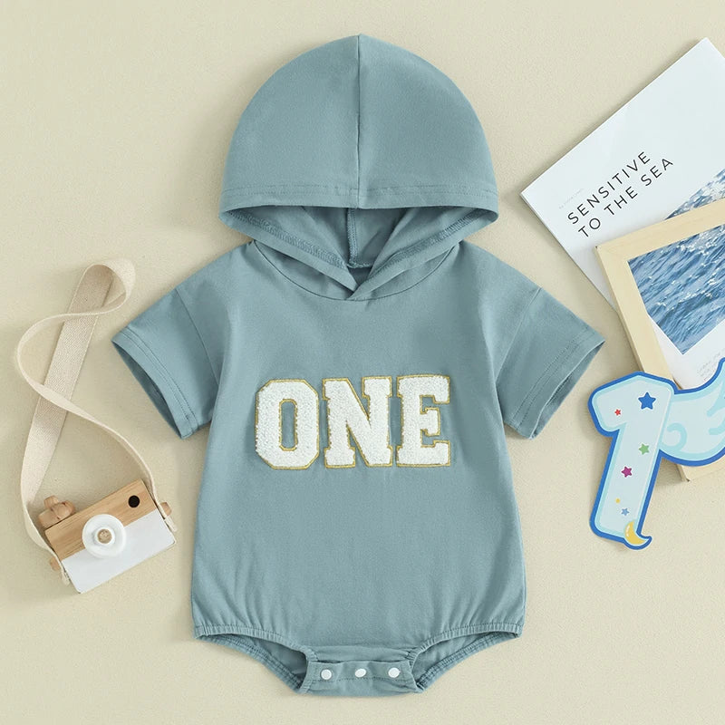 Baby Boy Girl Birthday Hooded Romper Short Sleeve ONE Letter Embroidery Casual Jumpsuits