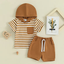 Load image into Gallery viewer, Toddler Baby Boy 2Pcs Spring Summer Clothes Short Sleeve Striped Hooded Top With Pocket Solid Color Jogger Short Set Outfit
