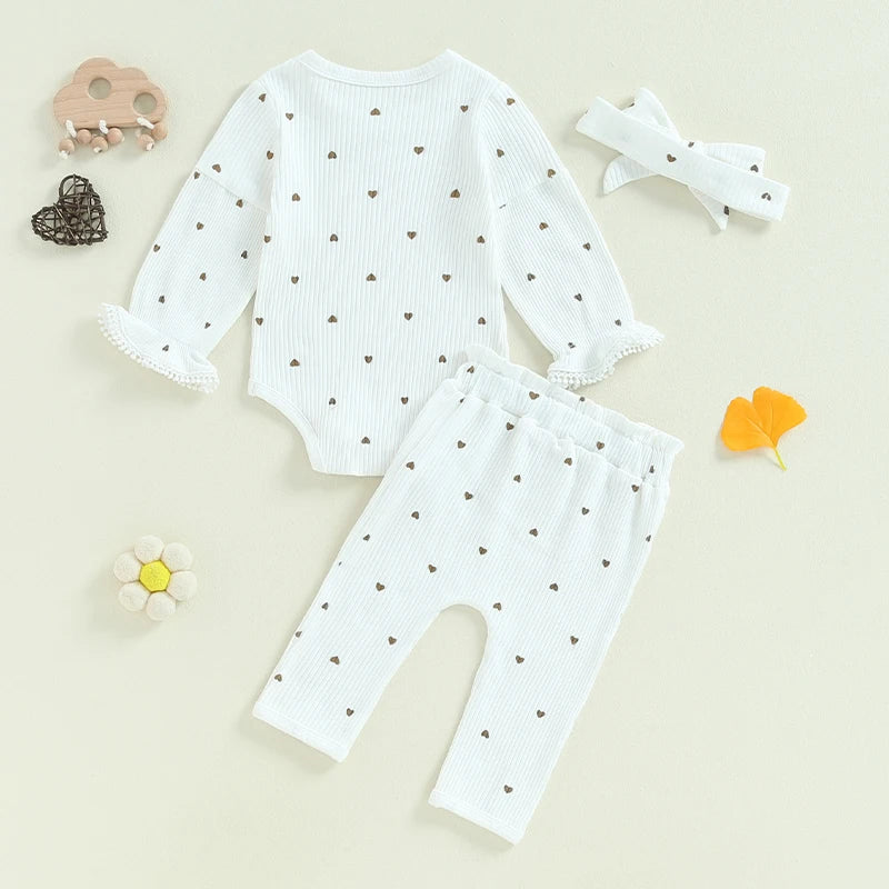 Baby Girls 3Pcs Fall Outfit Heart Print Long Sleeve Crew Neck Romper with Long Pants and Headband Set