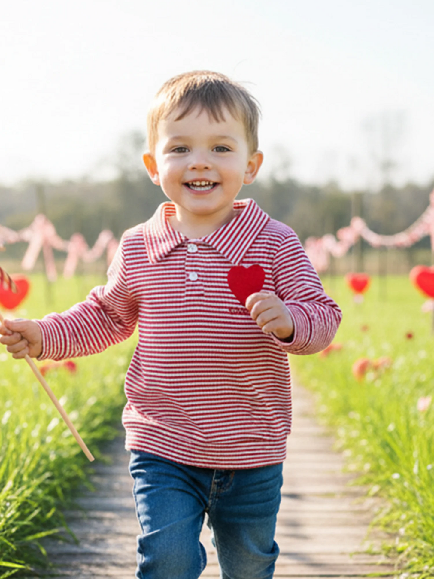 Baby Toddler Valentine's Day Long Sleeve Turn-down Collar Striped Embroidery Heart Top