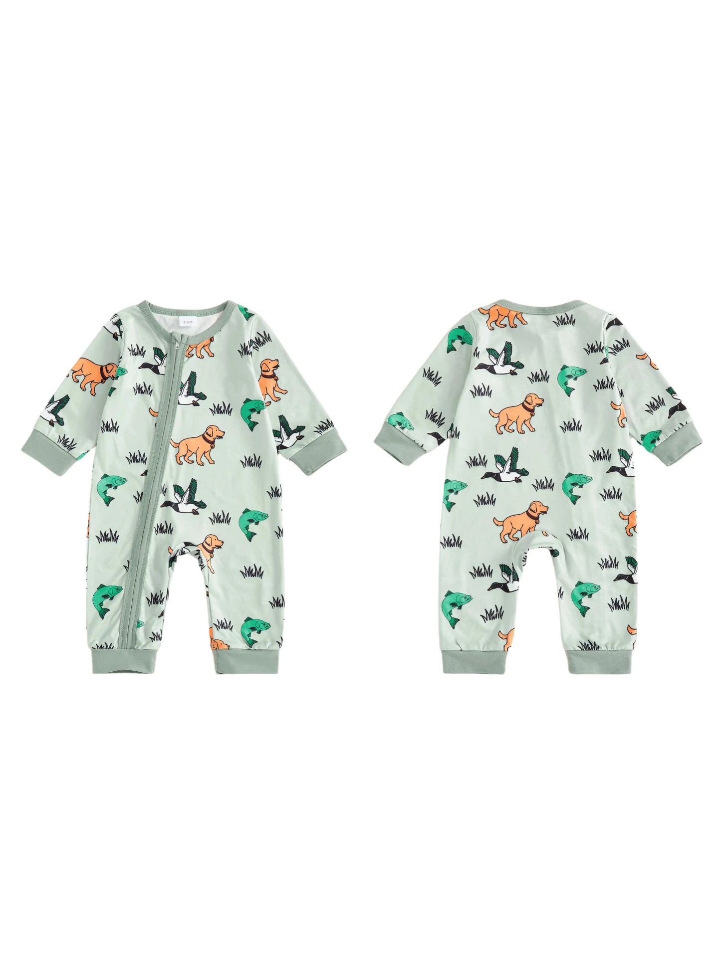 Baby Boys Girls Jumpsuit Casual Long Sleeve Round Neck Animal Grass Print Zipper Romper Footless Newborn Outfit