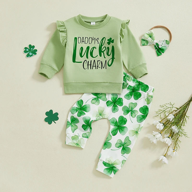 Baby Toddler Girls 3Pcs Daddy's Lucky Charm / Lucky Clover Spring Outfit Long Sleeve Top + Shamrock Pants + Headband Bow Set Clothes St. Patrick's Day