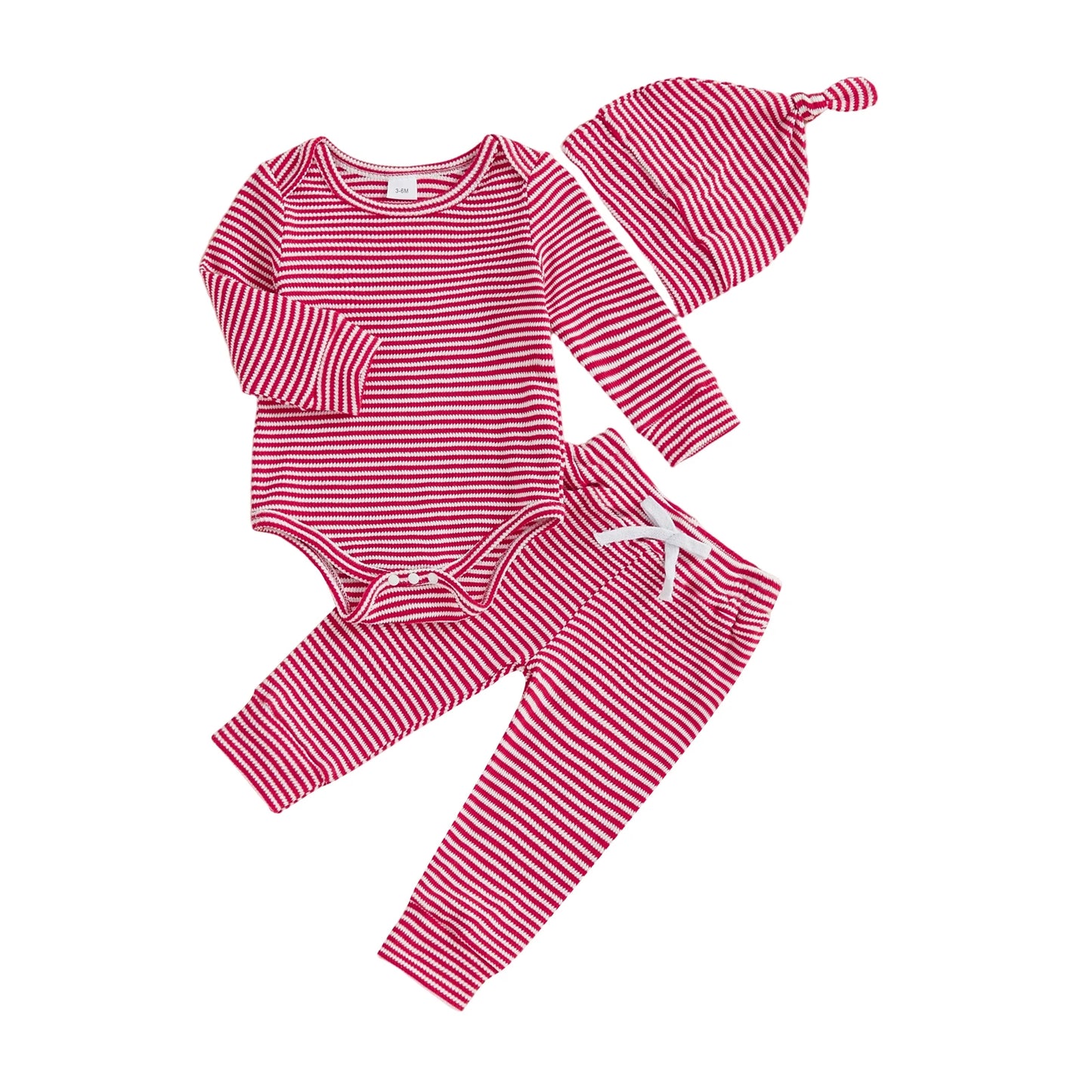 Baby Boys Girls 3Pcs Outfits Striped Crew Neck Long Sleeve Romper Pants and Cap Hat Set