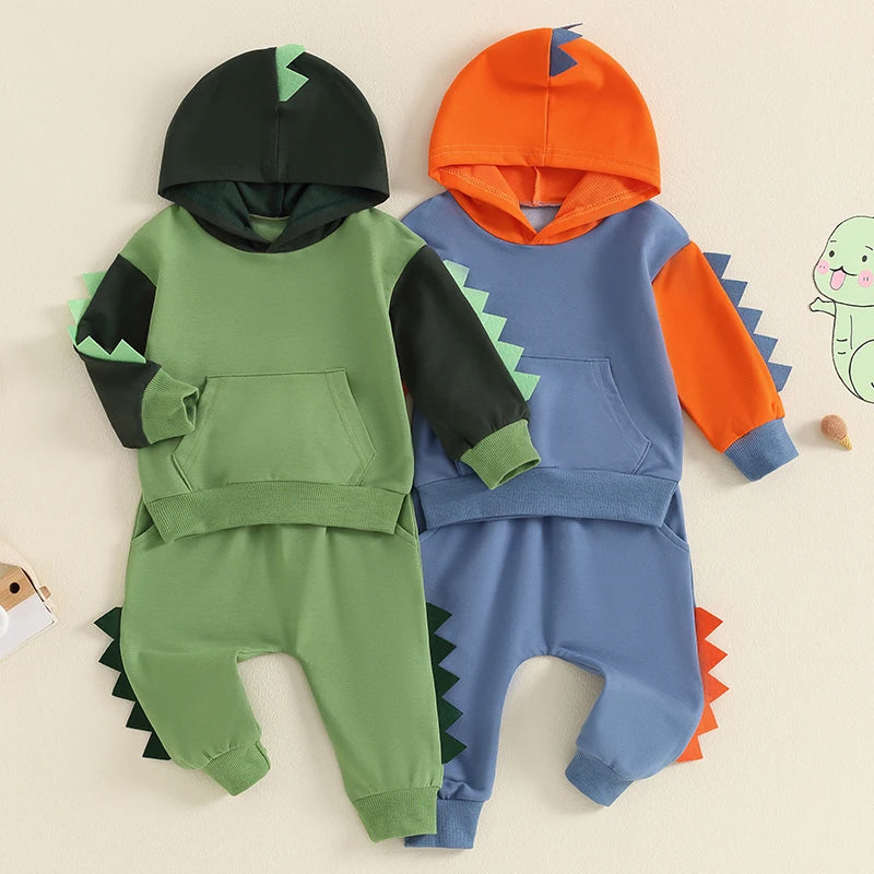 Baby Toddler Boys 2Pcs Dinosaur Outfit Contrast Color Long Sleeve Hoodie Top Elastic Waist Pants Set