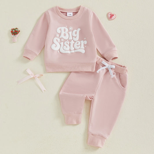 Baby Toddler Girls 2Pcs Big Sister Autumn Pink Letter Print Long Sleeve Top Drawstring Pants Jogger Set
