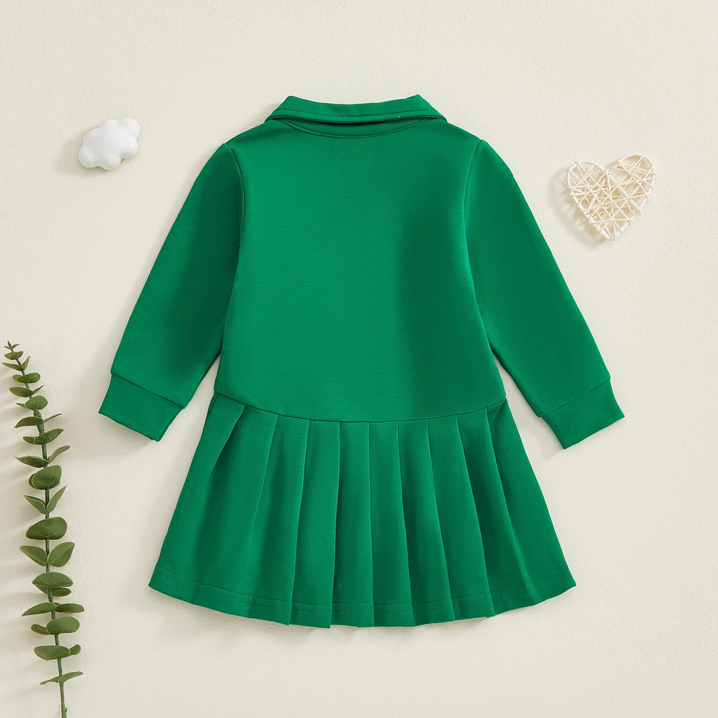 Baby Toddler Girls Casual Dress Long Sleeve Button Closure Embroidery Golf Cart Pleated Fall Dress