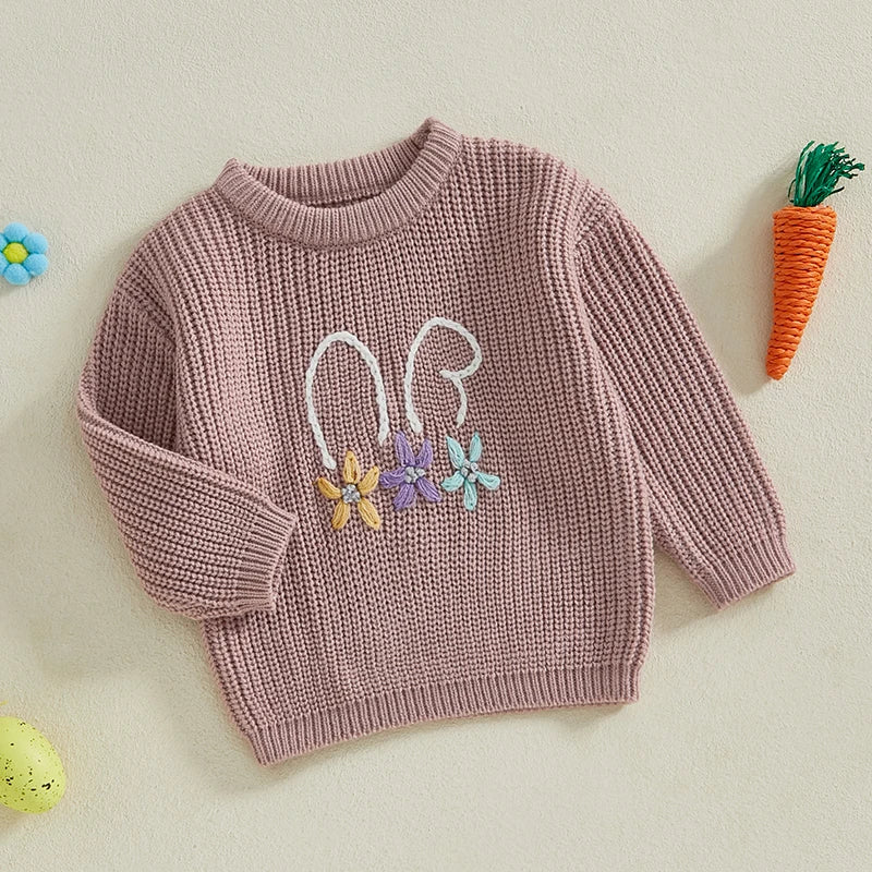 Baby Toddler Kids Girl Boy Children Bunny Rabbit Ears Flowers Bowtie Sweater Easter Clothes Long Sleeve Casual Knit Pullover Top