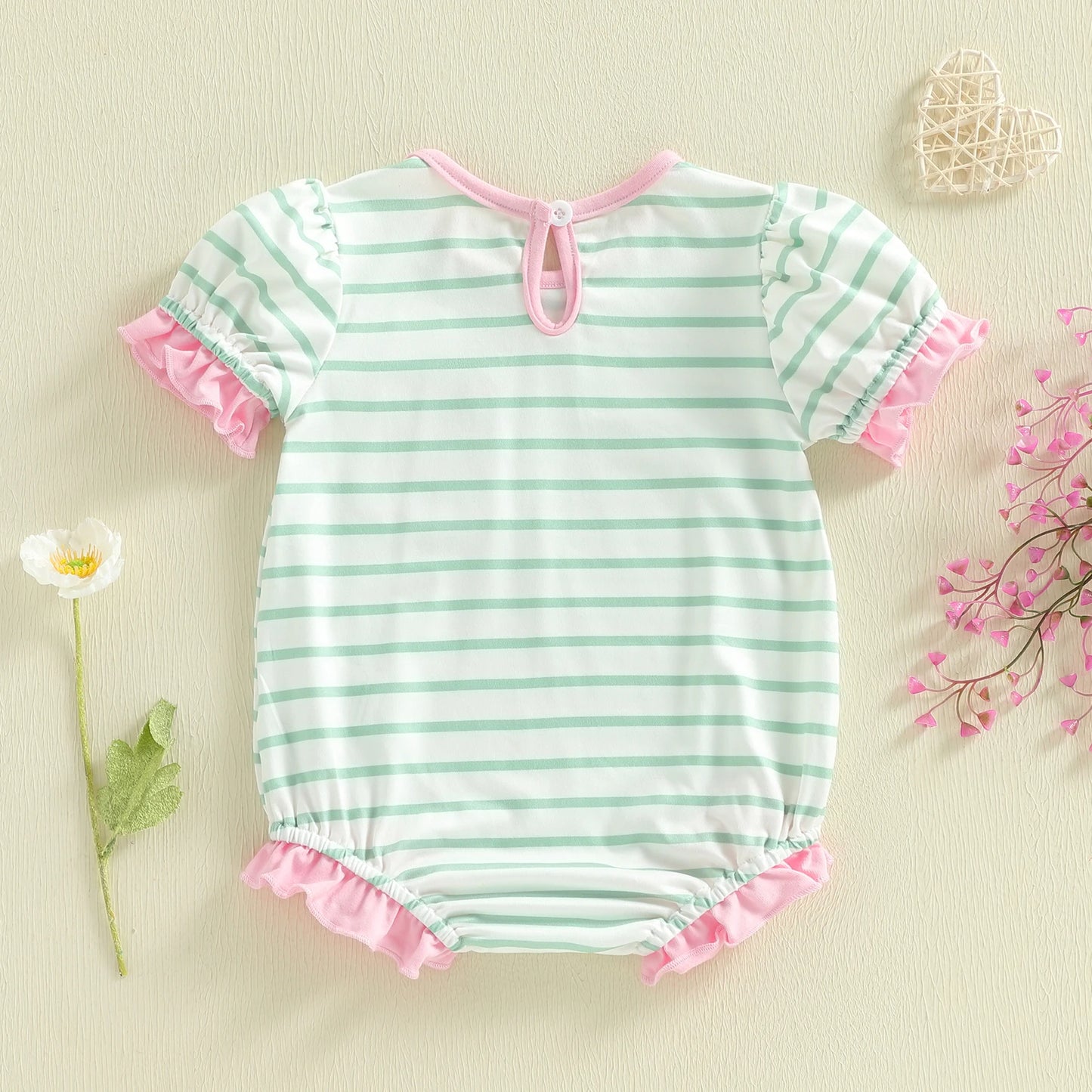Baby Girl Striped Romper Ruffle Trim Short Sleeve Crewneck Jumpsuit Casual Summer Spring Clothes