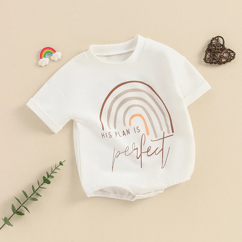 Baby Boy Girl His Plan Is Perfect Romper Short Sleeve Crew Neck Rainbow Letters Print Jumpsuit Clothes