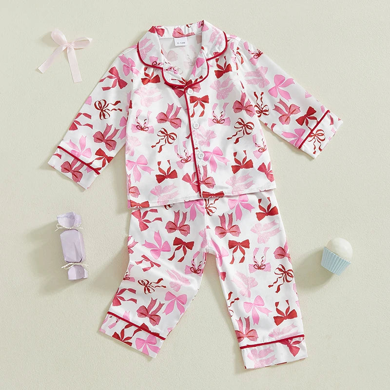 Baby Toddler Girl 2Pcs Pajamas Set Bow Pattern Button Down V Neck Long Sleeve Top and Pants Lounge Wear 2 Pcs PJs Set for Fall Winter