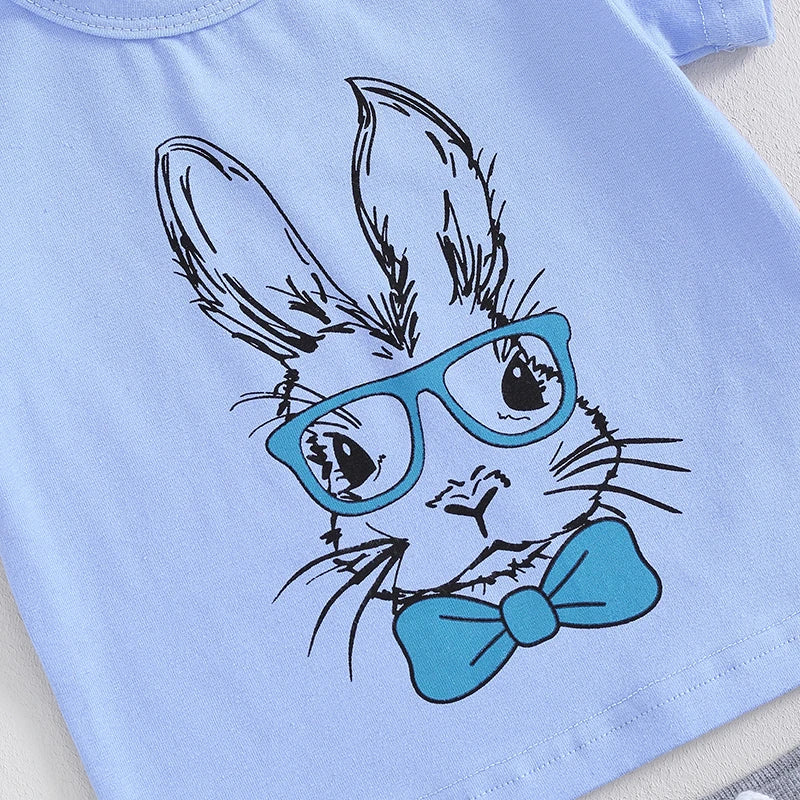 Baby Toddler Boy 2Pcs Easter Clothes Outfit Bunny Glasses Print Short Sleeve T-Shirt Top Elastic Waist Long Pants Set