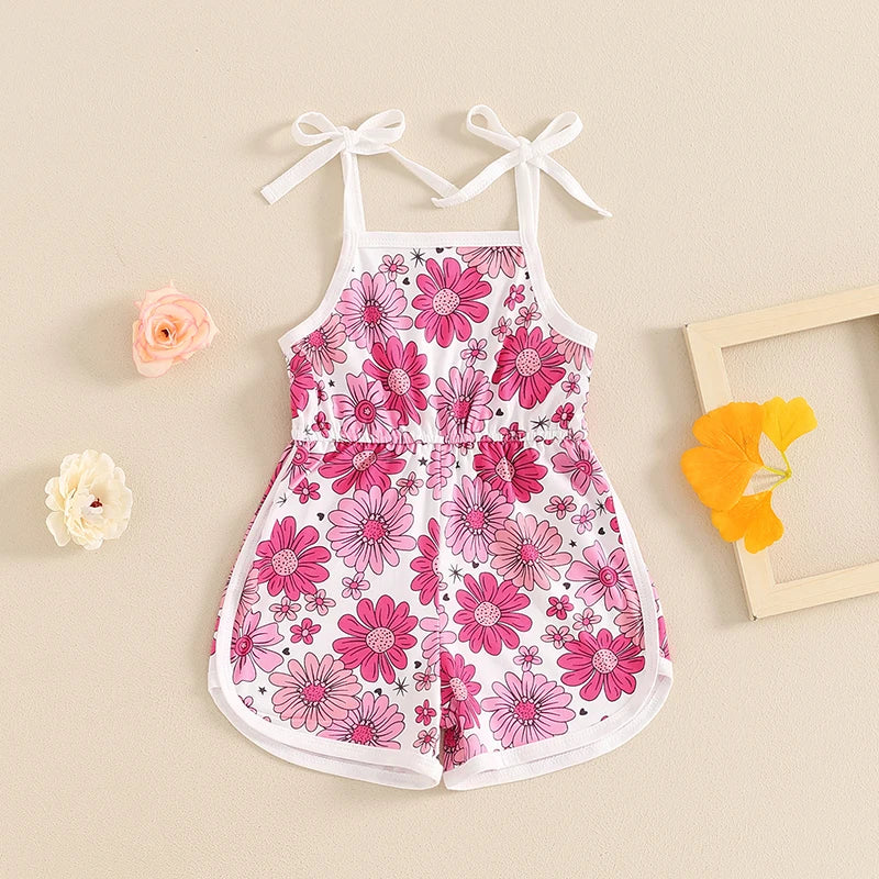 Baby Toddler Girls Summer Jumpsuit Sleeveless Tie Strap Tank Top Elastic Waist Floral Flower Print Romper Shorts Playsuit