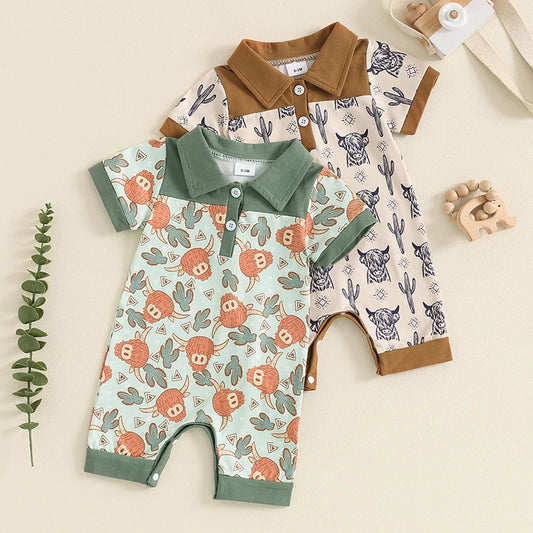 Baby Boy Romper Casual Cattle Cow Cactus Print Collar Short Sleeve Jumpsuit