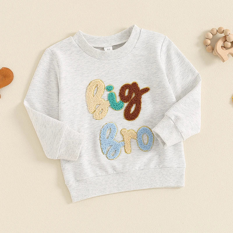 Baby Toddler Boys Big Bro Fuzzy Letter Embroidery Round Neck Long Sleeve Pullover Fall Top