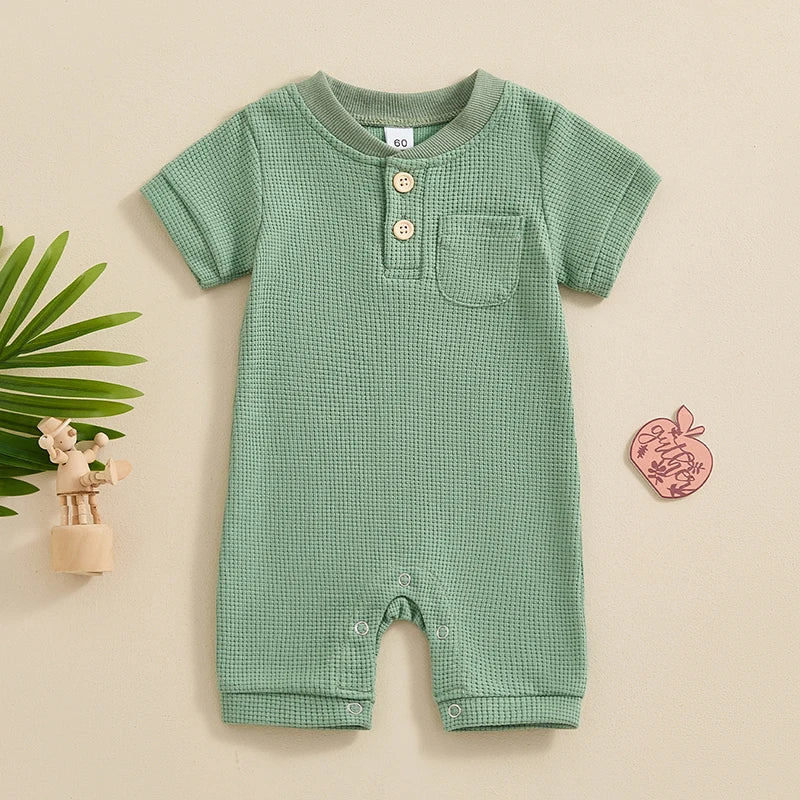 Baby Boy Girl Jumpsuit Summer Short Sleeve Solid Color Waffle Button Romper Playsuit