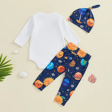 Load image into Gallery viewer, Baby Boys Girls 3Pcs Outfit I Love You To The Moon Long Sleeve Letter Print Romper Planets Print Pants Hat Set
