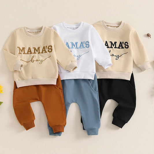 Baby Toddler Boys 2Pcs Mama's Boy Autumn Outfit Long Sleeve O Neck Letter Embroidery Top Drawstring Pants Set