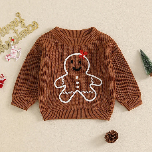 Baby Toddler Girl Boy Sweater Christmas Gingerbread Man Embroidery Long Sleeve Pullover Knit Top