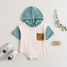 Load image into Gallery viewer, Infant Baby Boys Girls Summer Jumpsuit Short Sleeve Color Block Chest Pocket Hooded Bodysuit Bubble Romper
