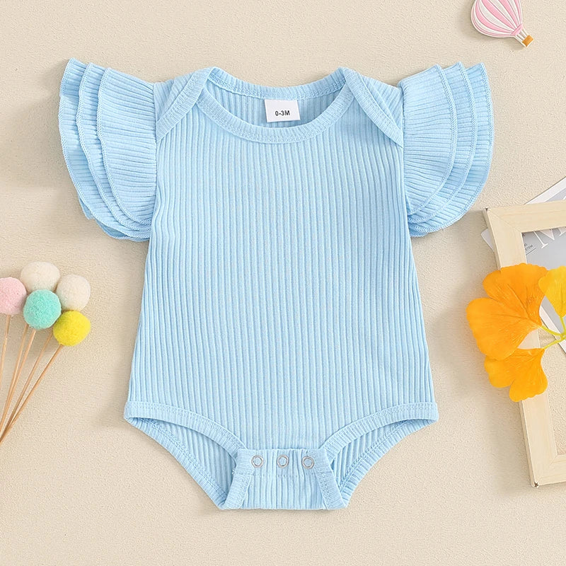 Baby Girl Summer Clothes Ribbed Plain Ruffle Sleeve Short Sleeve Bodysuit Rib Knit Romper