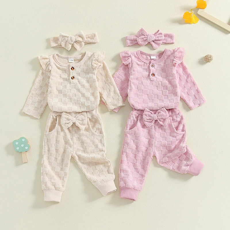 Baby Girls 3Pcs Set Checkered Button Long Sleeve Round Neck Ruffled Romper Long Pants Hair Band Outfit