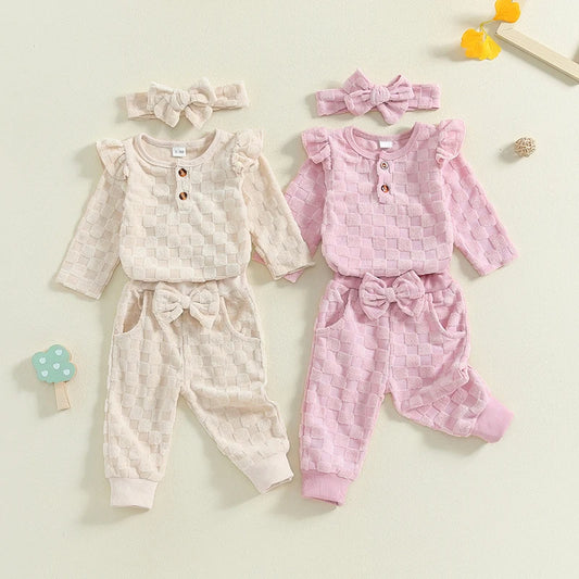 Baby Girls 3Pcs Set Checkered Button Long Sleeve Round Neck Ruffled Romper Long Pants Hair Band Outfit