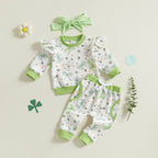 Baby Toddler Girls 3Pcs St. Patrick's Day Outfit Bow Four Leaf Clover Shamrock Print Crew Neck Long Sleeve Top Long Pants Headband Jogger Set