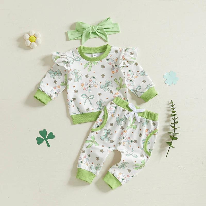 Baby Toddler Girls 3Pcs St. Patrick's Day Outfit Bow Four Leaf Clover Shamrock Print Crew Neck Long Sleeve Top Long Pants Headband Jogger Set