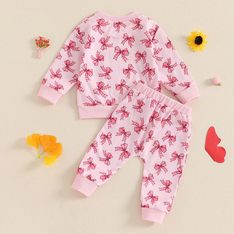 Baby Toddler Girls 2Pcs Fall Jogger Set Long Sleeve O Neck Bow Print Top Drawstring Pants Outfit