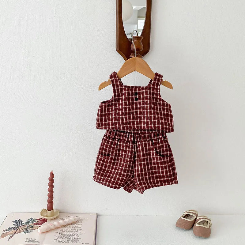 Retro Tweed Vest and Shorts Outfit Set