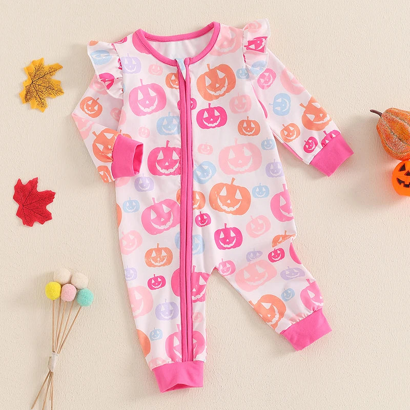 Baby Girls Halloween Romper Pumpkin Print Ruffle Trim Long Sleeve Full Length Zipper Jumpsuit for Fall