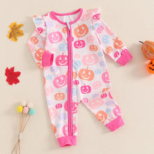 Load image into Gallery viewer, Baby Girls Halloween Romper Pumpkin Print Ruffle Trim Long Sleeve Full Length Zipper Jumpsuit for Fall
