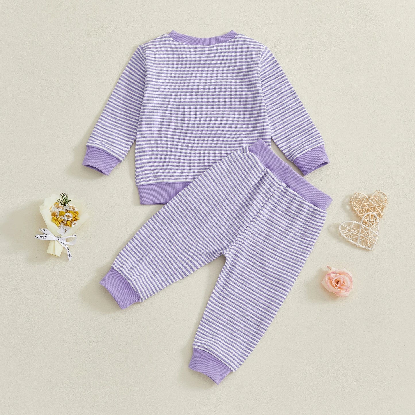 Baby Toddler Girl 2Pcs Daddy's Girl Fall Stripe Outfits Letter Embroidery Long Sleeve Round Neck Pullover Elastic Waist Pants 2Pcs Set