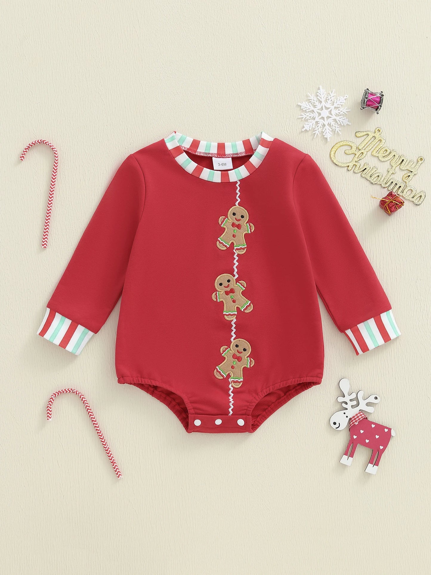 Baby Boys Girls Christmas Gingerbread Embroidery Romper Long Sleeve Crew Neck Bubble Infant Jumpsuit