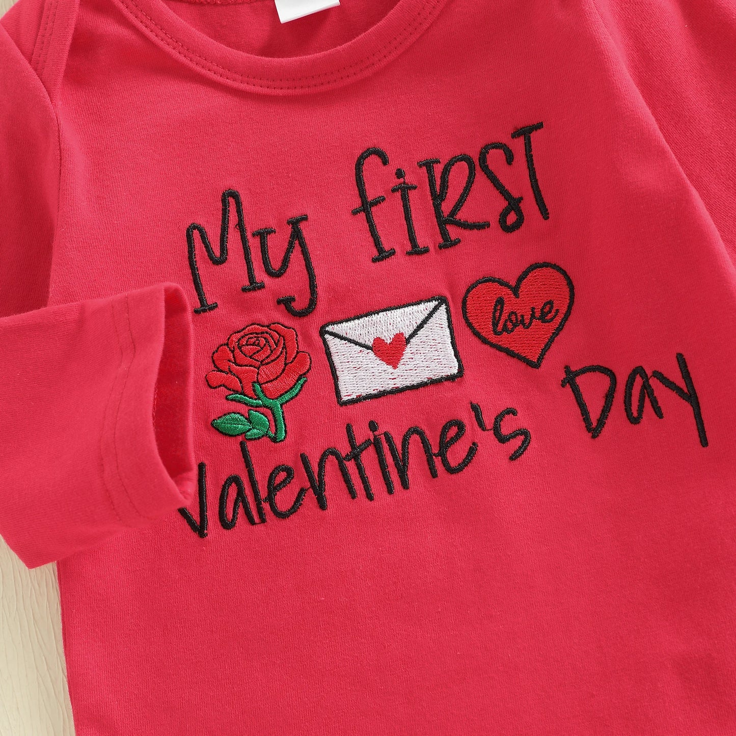 Baby Boy Girl 3Pcs My First Valentine's Day Outfit Letter Print Long Sleeve Romper Heart Candy Pattern Long Pants and Hat 3Pcs Set