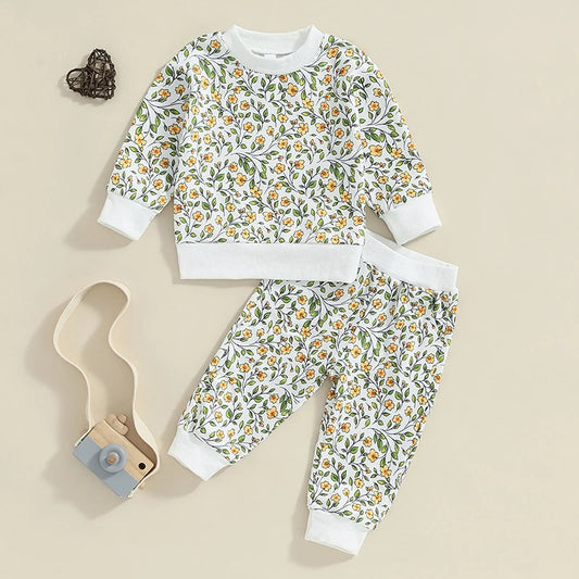 Baby Toddler Girls 2Pcs Outfit Floral Flowers Long Sleeve Crew Neck Top with Elastic Waist Pants Set