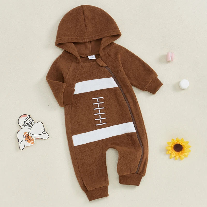 Baby Boys Football Pattern Zipper Romper Fleece Long Sleeve Full Length Zip Up Hooded Jumpsuit Fall