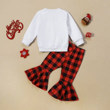 Load image into Gallery viewer, Baby Toddler Girls 2Pcs Merry Christmas Outfit Gnome Letter Embroidery Long SleeveTop Plaid Flare Pants Set
