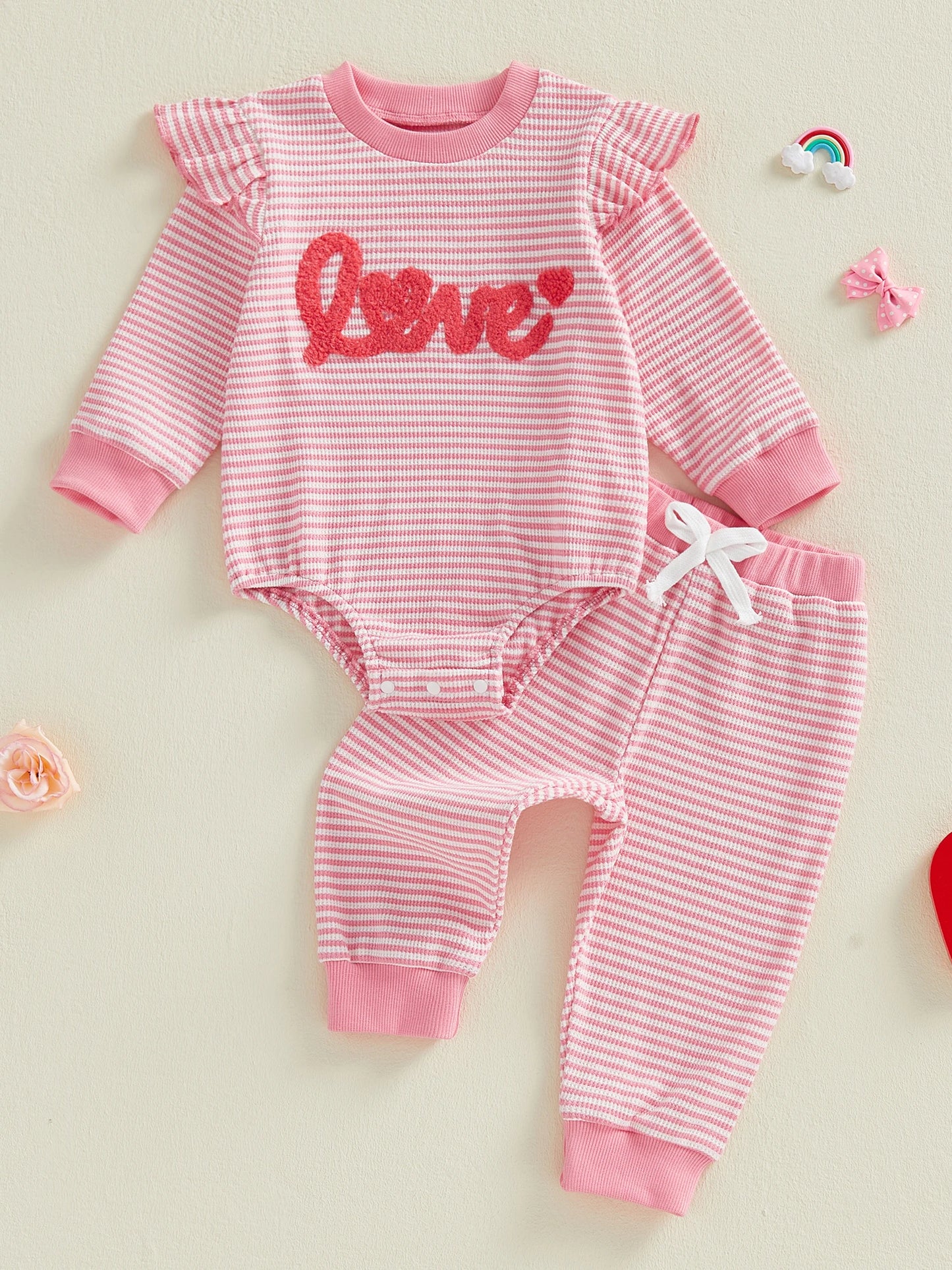 Baby Girls 2Pcs Valentine's Day Clothes Sets Letters Embroidery Love Stripe Long Sleeve Romper with Pants 2Pcs Set