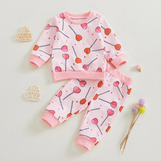 Baby Toddler Girls 2Pcs Valentine's Day Outfit Heart Candy Print Long Sleeve Top with Long Pants Valentines Jogger Set