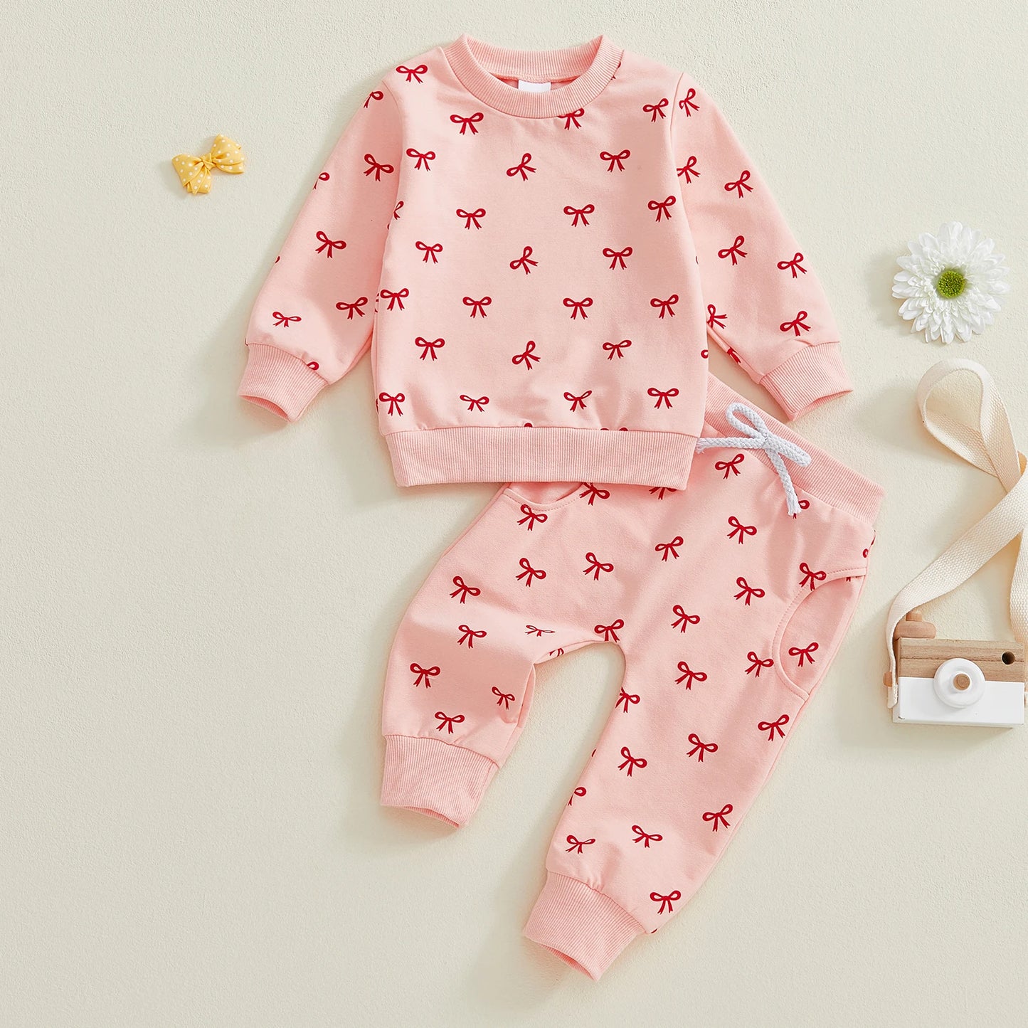 Baby Toddler Girl 2Pcs Fall Outfits Bow Print Long Sleeve Round Neck Pullover + Elastic Waist Long Pants 2Pcs Jogger Set