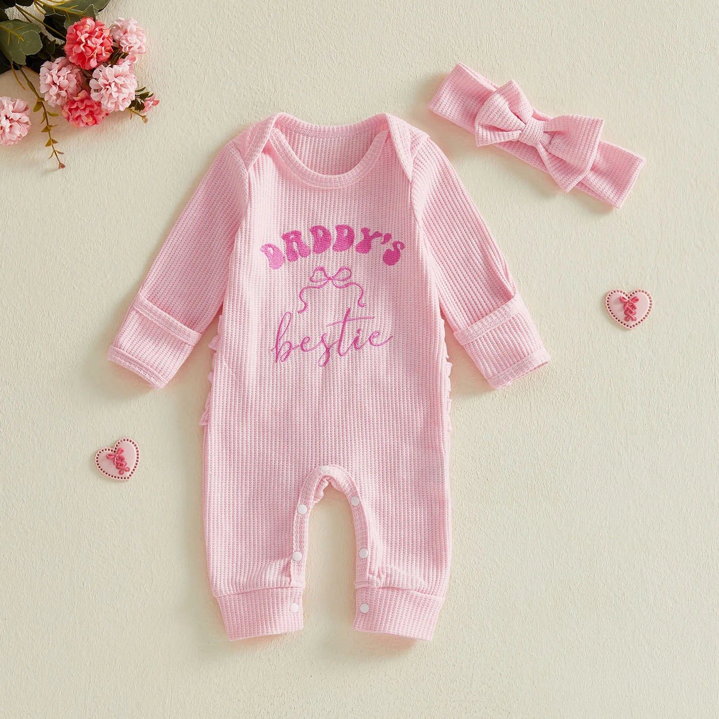 Baby Girls 2Pcs Daddy's Bestie Romper Fashionable Cute Bow Letters Embroidery Long Sleeve Jumpsuit with Headband Set