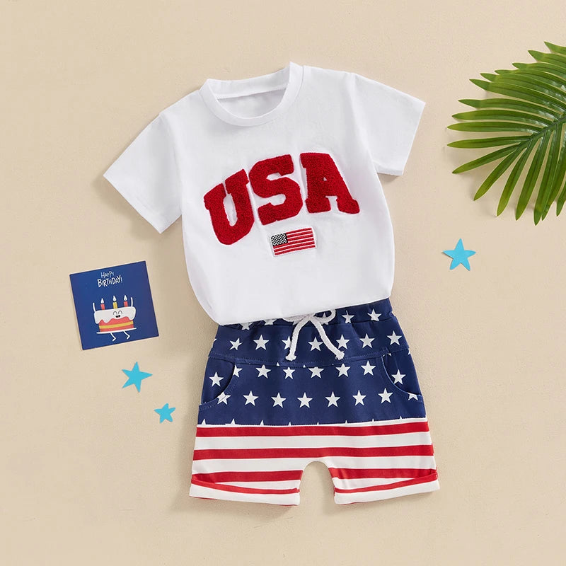 Toddler Baby Boy 2Pcs 4th of July Outfit USA Letter Print O-Neck Short Sleeve TopsElastic Waist Stars and Stripes Flag Shorts Summer Outfit Set