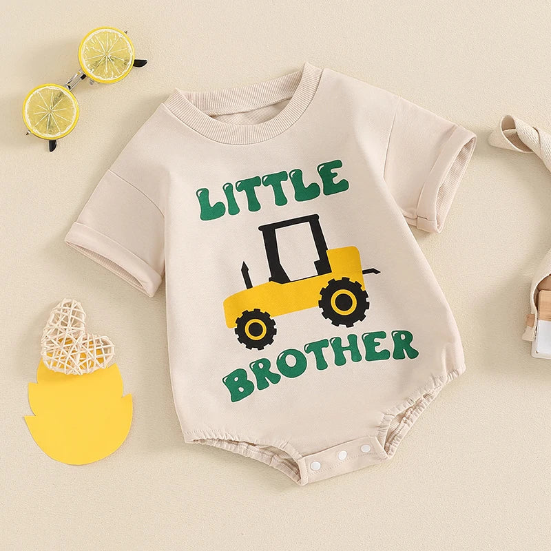 Baby Boy Summer Romper Little Brother Short Sleeve Round Neck Fire Truck Tractor Letter Print Bodysuit