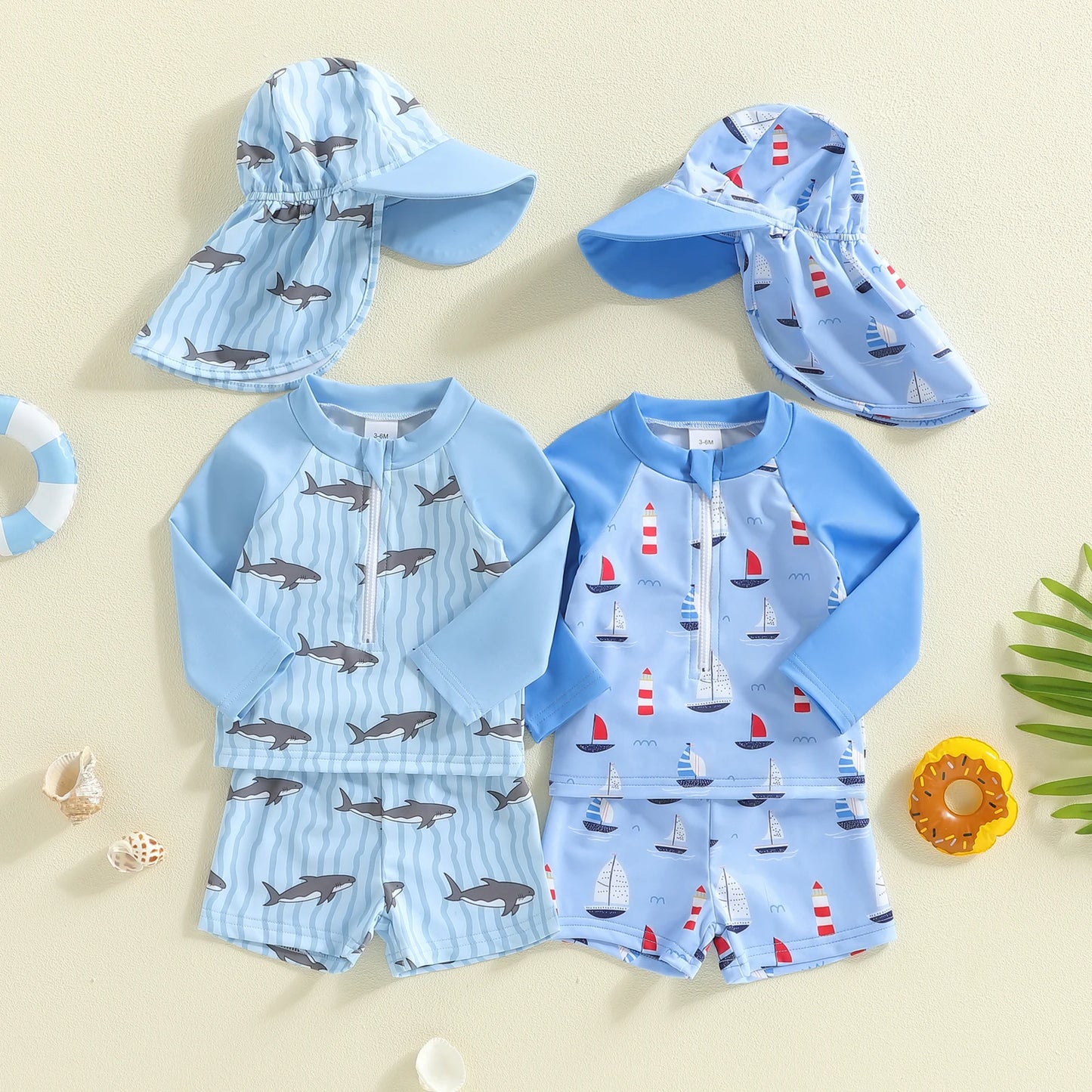 Baby Toddler Boys 3Pcs Rash Guard Swimsuits Long Sleeve Shark/Sailboat Print Bathing Suit Top and Shorts Swimwear with Hat Set