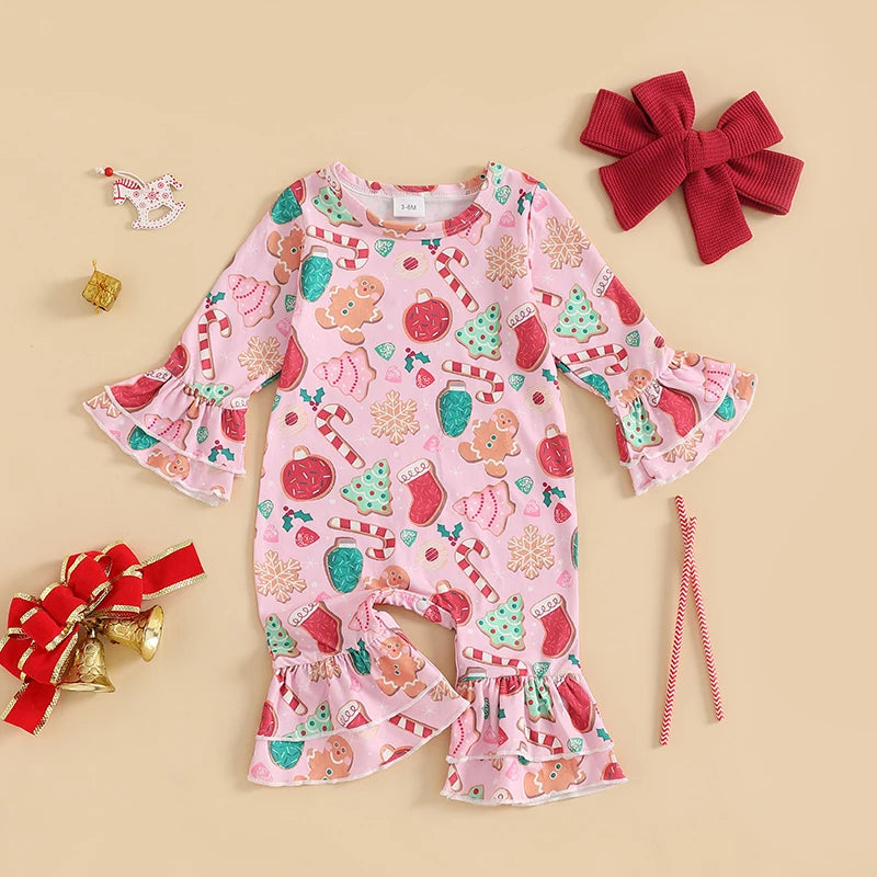 Baby Girls 2Pcs Romper Christmas Print Long Sleeve Jumpsuits Flare Sleeve and Pant and Cute Headband Set Infant Outfits