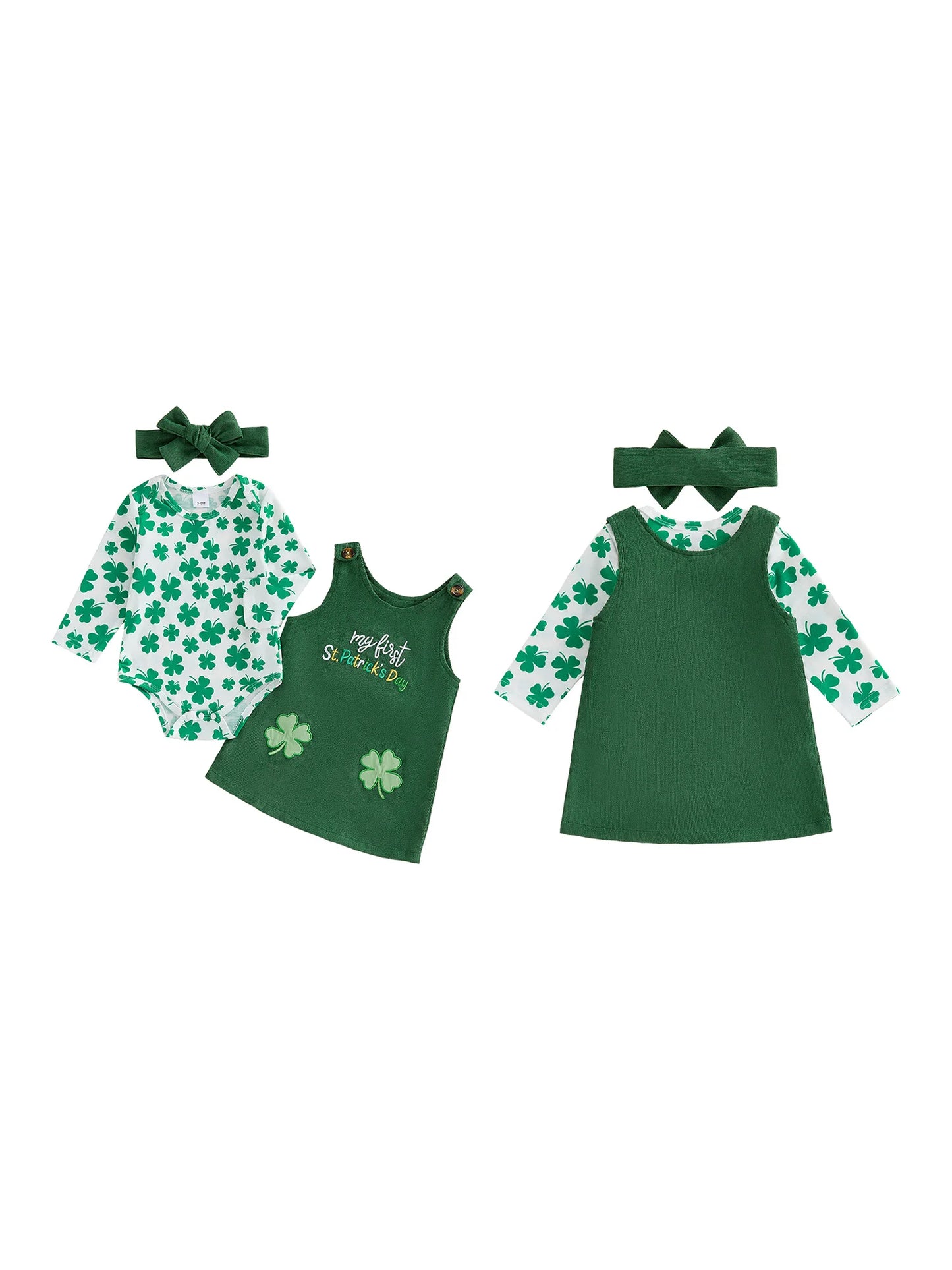 Baby Girls 3Pcs Spring Outfit My First St. Patrick's Day Long Sleeve Romper Shamrock Overall Dress Headband Set