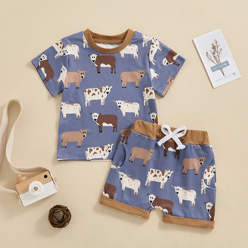 Baby Toddler Boy 2Pcs Farm Outfit Cartoon Animal Chicken Cow Print Short Sleeve Top with Elastic Waist Shorts Set