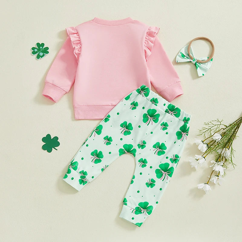 Baby Toddler Girls 3Pcs Daddy's Lucky Charm / Lucky Clover Spring Outfit Long Sleeve Top + Shamrock Pants + Headband Bow Set Clothes St. Patrick's Day